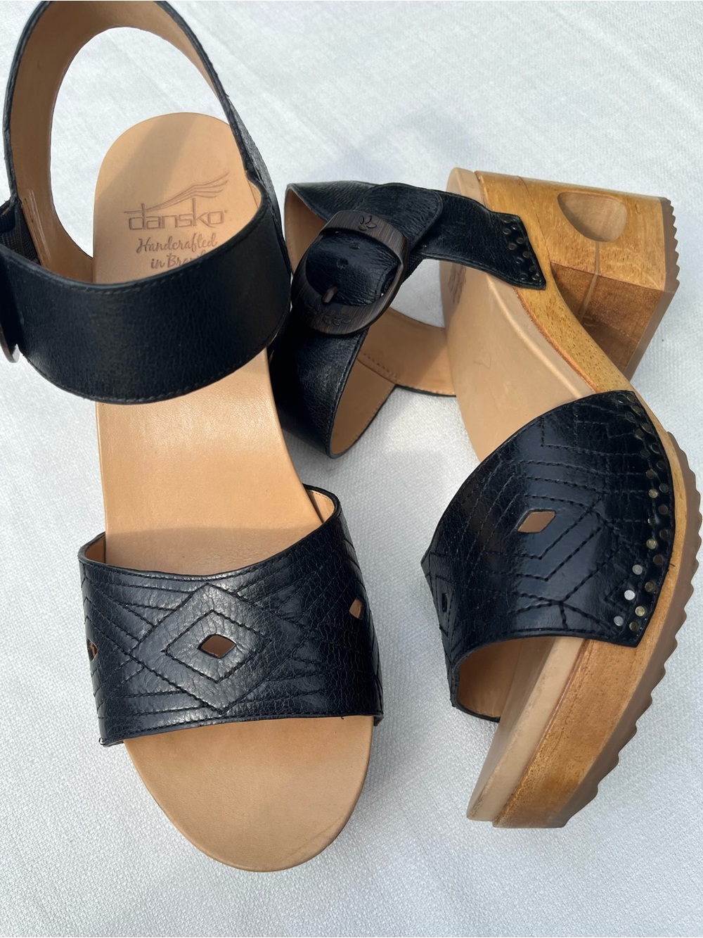 Dansko Black Leather Wood-Platform Sandals Hand Made In Brazil Size 41